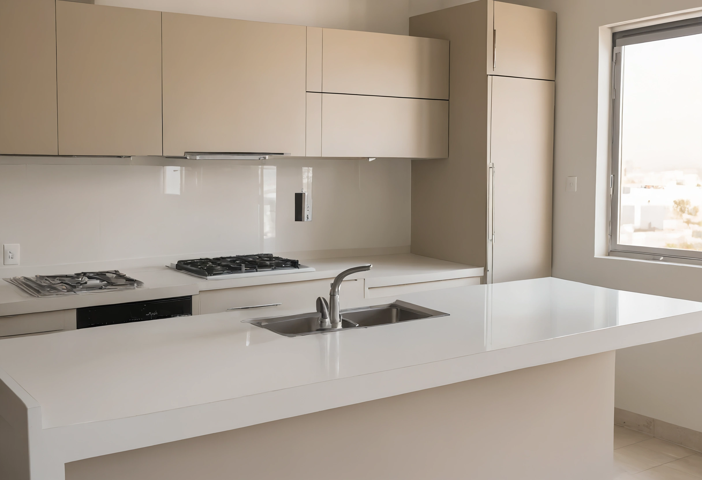 Kitchen counter of a rented Dubai apartment with a sink, hob and beige cabinets in daylight at handover