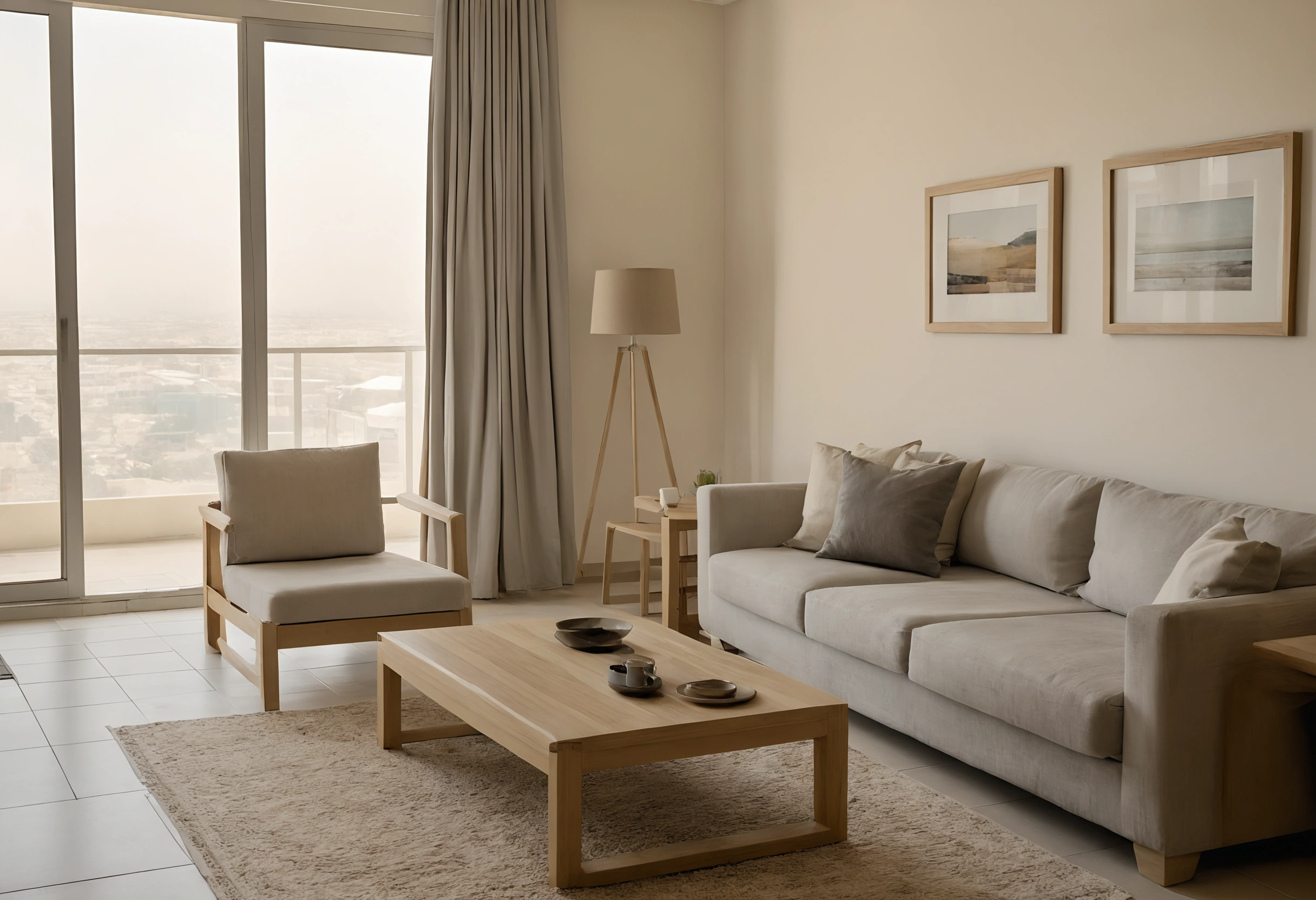 Rented apartment living room with a grey sofa, armchair, floor lamp and balcony doors in afternoon light